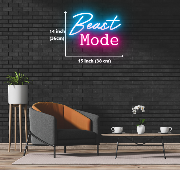 Neon sign with the empowering message 'Beast Mode'.